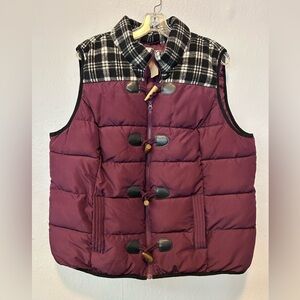 Ruff Hewn Burgundy Puffer Vest with Plaid Collar